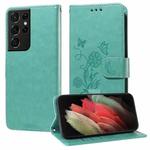 For Samsung Galaxy S21 Ultra 5G Embossed Butterfly Flowers Leather Phone Case(Green)