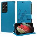 For Samsung Galaxy S21 Ultra 5G Embossed Butterfly Flowers Leather Phone Case(Blue)