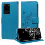 For Samsung Galaxy S20 Ultra Embossed Butterfly Flowers Leather Phone Case(Blue)