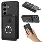 For Samsung Galaxy S24+ 5G Litchi Texture Drawing Card Bag Ring Holder Phone Case(Black)