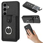For Samsung Galaxy S25+ 5G Litchi Texture Drawing Card Bag Ring Holder Phone Case(Black)