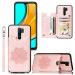 For Xiaomi Redmi 9 Mandala Embossed PU + TPU Case with Holder & Card Slots & Photo Frame & Strap(Rose Gold)