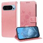 For Google Pixel 9 / 9 Pro Embossed Butterfly Flowers Leather Phone Case(Rose Gold)