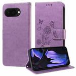 For Google Pixel 9a Embossed Butterfly Flowers Leather Phone Case(Purple)