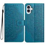 For iPhone 16 Flower Embossed Leather Phone Case(Blue)