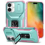 For iPhone 16 Plus Sliding Camshield Holder Phone Case(Grey Green + Pink)