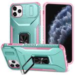 For iPhone 11 Pro Max Sliding Camshield Holder Phone Case(Grey Green + Pink)
