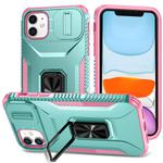 For iPhone 11 Sliding Camshield Holder Phone Case(Grey Green + Pink)