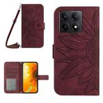 For Xiaomi 14T 5G Global Skin Feel Sun Flower Embossed Flip Leather Phone Case with Lanyard(Wine Red)