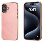 For iPhone 16 Plus Nano Electroplating Dual Color Cowhide Texture Protective Phone Case(Rose Gold)