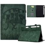 For Samsung Galaxy Tab S9 / S9 FE Cats Embossed Leather Smart Tablet Case(Green)
