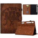 For Samsung Galaxy Tab S9 / S9 FE Cats Embossed Leather Smart Tablet Case(Brown)