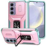 For Samsung Galaxy S24 FE 5G Sliding Camshield Holder Phone Case(Pink + Grey Green)