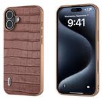 For iPhone 16 Plus ABEEL Electroplating Frame Crocodile Texture Genuine Leather Phone Case(Brown)