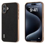 For iPhone 16 Plus ABEEL Electroplating Frame Genuine Leather Litchi Texture Phone Case(Black)