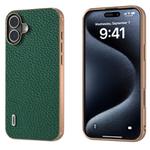 For iPhone 16 Plus ABEEL Electroplating Frame Genuine Leather Litchi Texture Phone Case(Green)