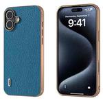 For iPhone 16 ABEEL Electroplating Frame Genuine Leather Litchi Texture Phone Case(Blue)