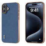 For iPhone 16 Plus ABEEL Electroplating Frame Genuine Leather + PC Litchi Texture Phone Case(Blue)