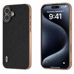 For iPhone 16 ABEEL Electroplating Frame Genuine Leather + PC Litchi Texture Phone Case(Black)