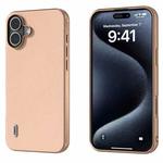 For iPhone 16 ABEEL Electroplating Frame Genuine Leather + PC Litchi Texture Phone Case(Pink Gold)