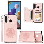 For Samsung Galaxy A21 Mandala Embossed PU + TPU Case with Holder & Card Slots & Photo Frame & Strap(Rose Gold)