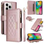 For iPhone 16 Pro Max Crossbody Zipper Wallet Rhombus Leather Phone Case(Rose Gold)