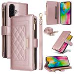 For iPhone 16 Crossbody Zipper Wallet Rhombus Leather Phone Case(Rose Gold)