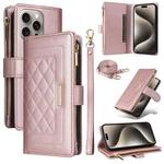 For iPhone 15 Pro Max Crossbody Zipper Wallet Rhombus Leather Phone Case(Rose Gold)