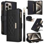 For iPhone 15 Pro Max Crossbody Zipper Wallet Rhombus Leather Phone Case(Black)