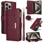 For iPhone 15 Pro Max Crossbody Zipper Wallet Rhombus Leather Phone Case(Wine Red)