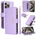 For iPhone 15 Pro Crossbody Zipper Wallet Rhombus Leather Phone Case(Purple)