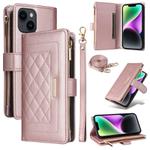 For iPhone 15 Plus / 14 Plus Crossbody Zipper Wallet Rhombus Leather Phone Case(Rose Gold)