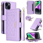 For iPhone 15 Plus / 14 Plus Crossbody Zipper Wallet Rhombus Leather Phone Case(Purple)