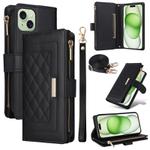 For iPhone 15 Crossbody Zipper Wallet Rhombus Leather Phone Case(Black)