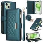 For iPhone 15 Crossbody Zipper Wallet Rhombus Leather Phone Case(Green)