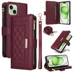 For iPhone 15 Crossbody Zipper Wallet Rhombus Leather Phone Case(Wine Red)