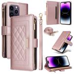 For iPhone 14 Pro Crossbody Zipper Wallet Rhombus Leather Phone Case(Rose Gold)