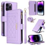 For iPhone 14 Pro Crossbody Zipper Wallet Rhombus Leather Phone Case(Purple)