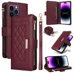 For iPhone 14 Pro Crossbody Zipper Wallet Rhombus Leather Phone Case(Wine Red)