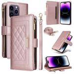 For iPhone 14 Pro Max Crossbody Zipper Wallet Rhombus Leather Phone Case(Rose Gold)