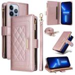 For iPhone 13 Pro Max Crossbody Zipper Wallet Rhombus Leather Phone Case(Rose Gold)
