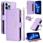 For iPhone 13 Pro Max Crossbody Zipper Wallet Rhombus Leather Phone Case(Purple)