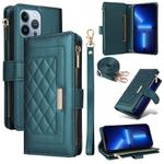 For iPhone 13 Pro Max Crossbody Zipper Wallet Rhombus Leather Phone Case(Green)