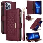 For iPhone 13 Pro Max Crossbody Zipper Wallet Rhombus Leather Phone Case(Wine Red)