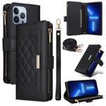 For iPhone 13 Pro Crossbody Zipper Wallet Rhombus Leather Phone Case(Black)