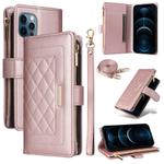 For iPhone 12 / 12 Pro Crossbody Zipper Wallet Rhombus Leather Phone Case(Rose Gold)