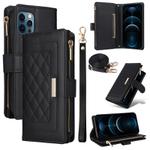 For iPhone 12 / 12 Pro Crossbody Zipper Wallet Rhombus Leather Phone Case(Black)