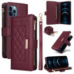 For iPhone 12 / 12 Pro Crossbody Zipper Wallet Rhombus Leather Phone Case(Wine Red)