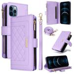 For iPhone 12 Pro Max Crossbody Zipper Wallet Rhombus Leather Phone Case(Purple)