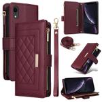 For iPhone XR Crossbody Zipper Wallet Rhombus Leather Phone Case(Wine Red)